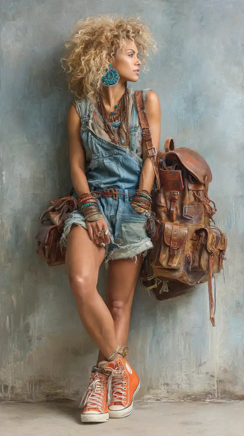 Bohemian woman in denim overalls against textured concrete wall