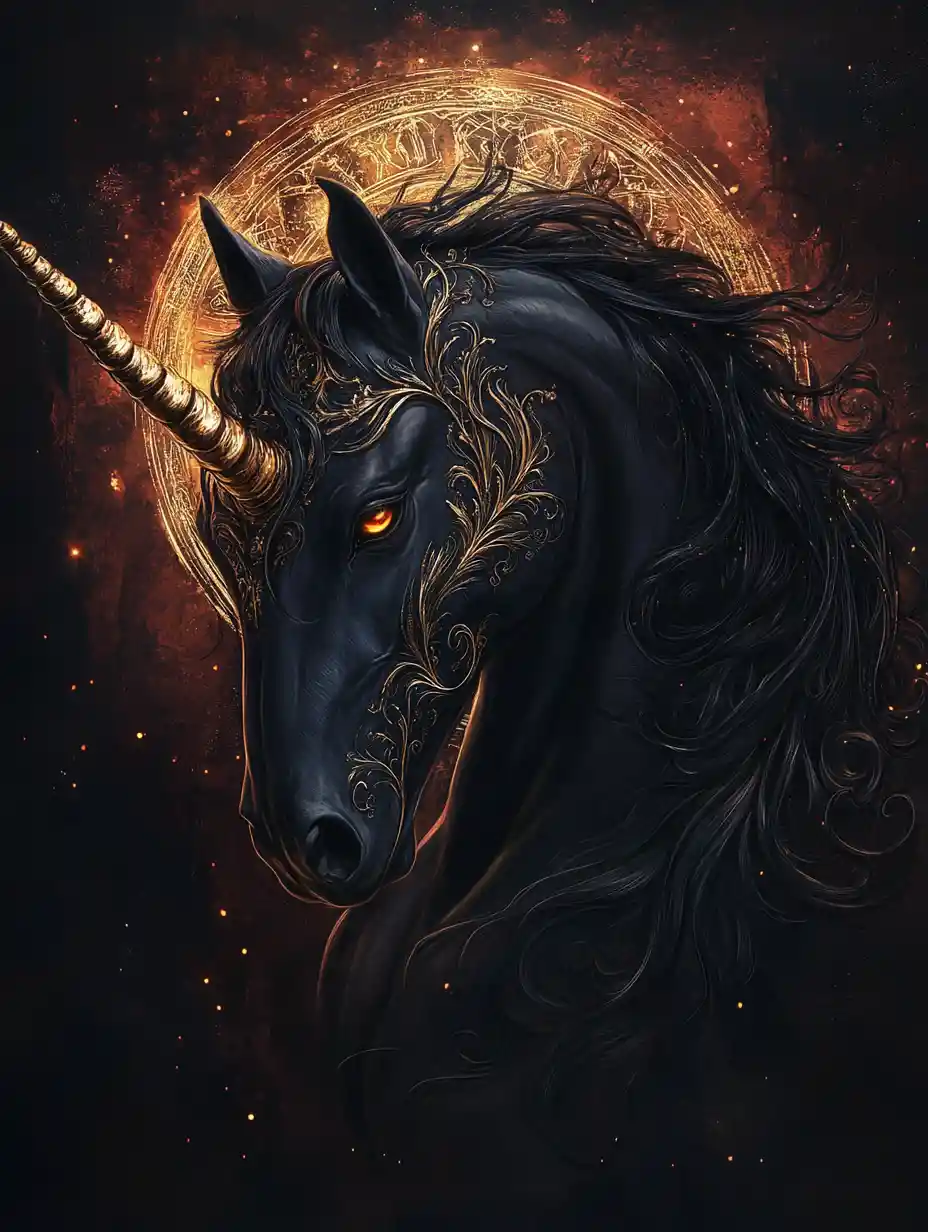 Dark fantasy portrait of a majestic black unicorn