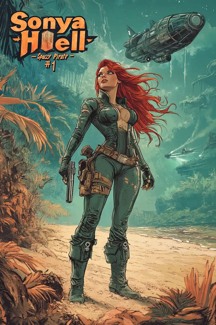 Red haired space pirate woman on alien beach