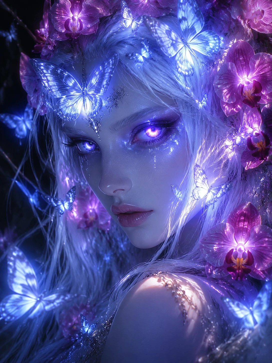 Mystical silver skinned woman with glowing violet eyes