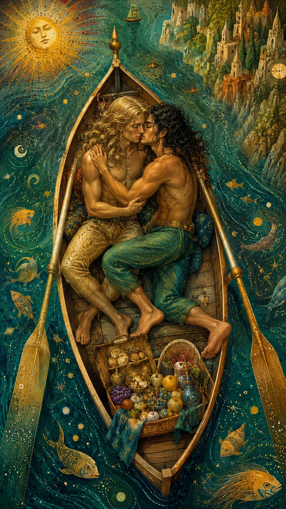 Loving couple in a rowing boat on a sunny sea