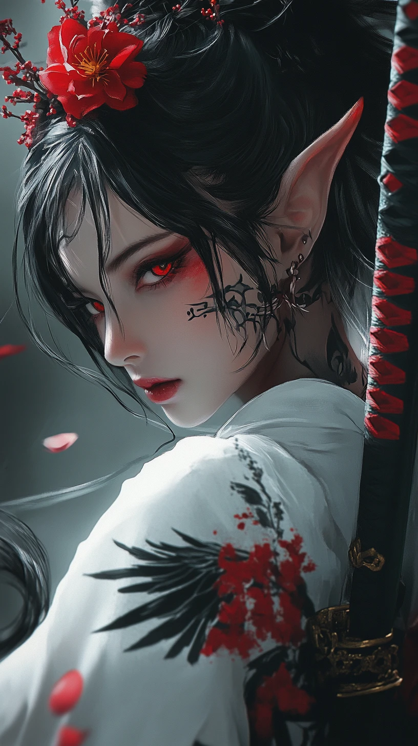 Elf eared anime woman in tattooed kimono with katana