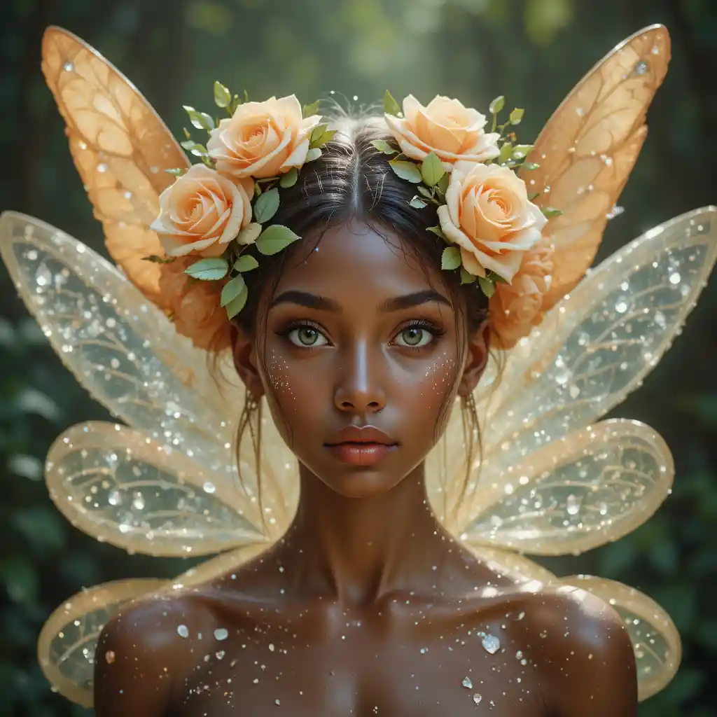 Brown skinned fairy woman with green eyes and crystal face