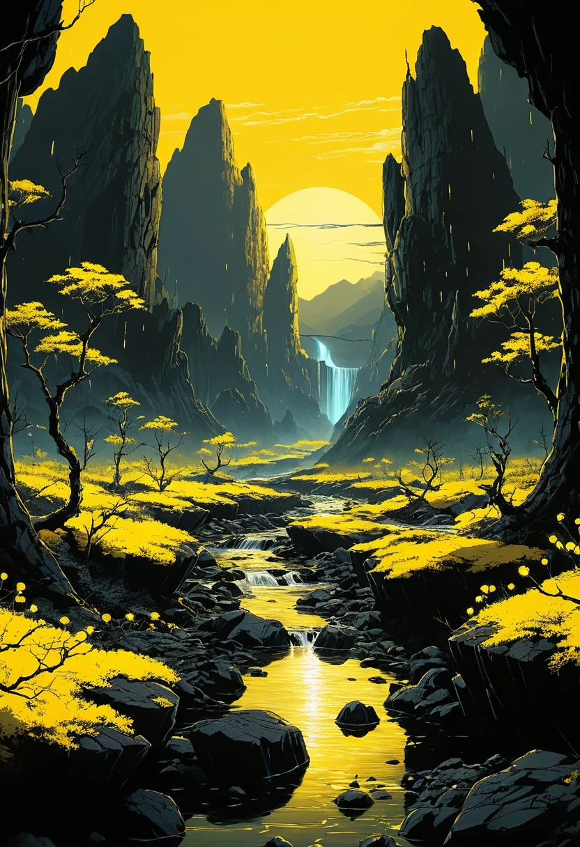 Futuristic alien mountains with neon cybernetic forest stream