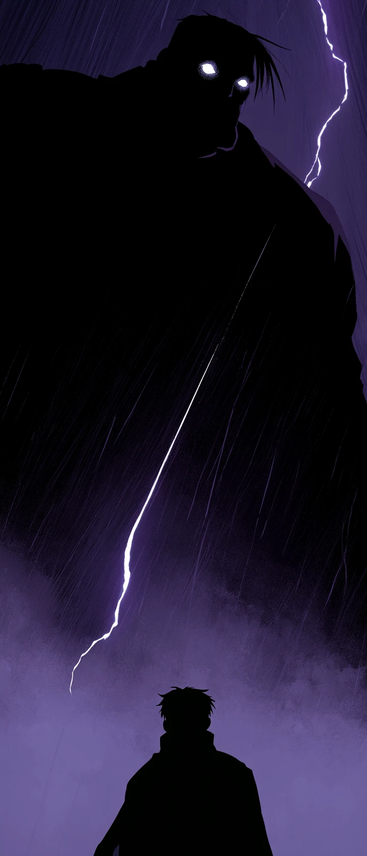 Anime hero faces towering villain under stormy lightning sky