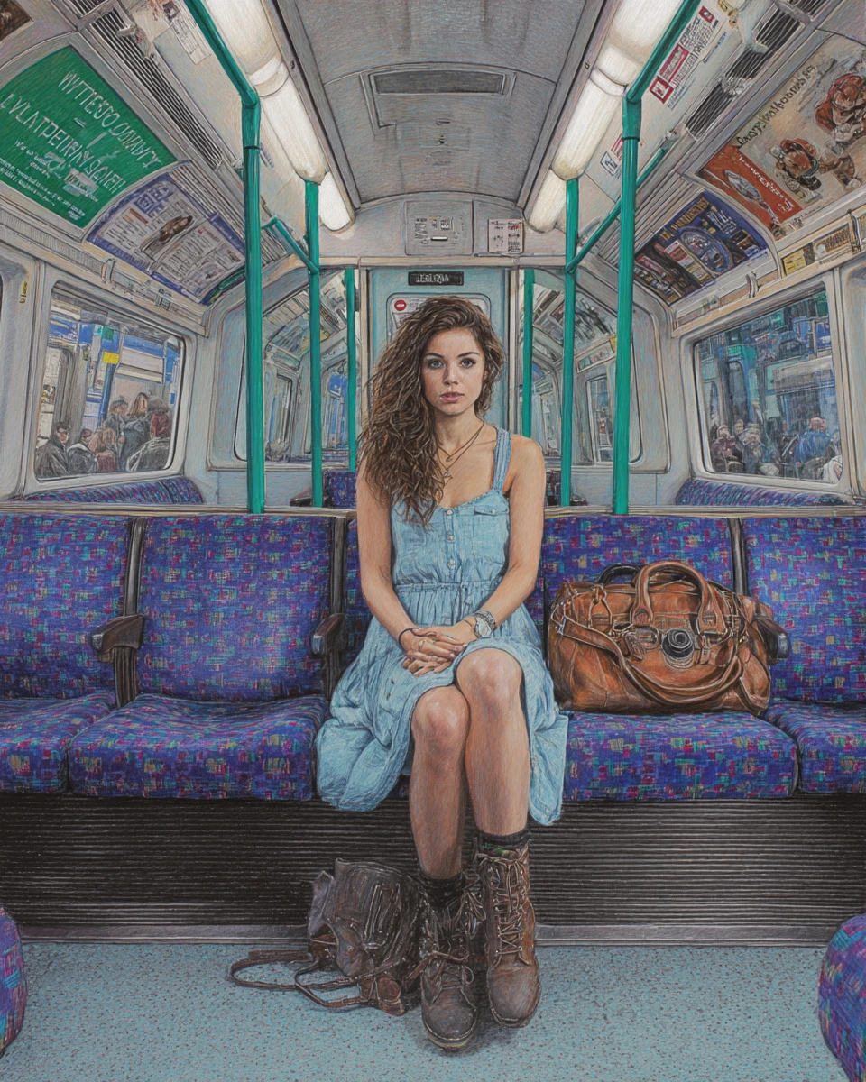 Chica en asiento del metro de Londres en ilustración a lápiz
