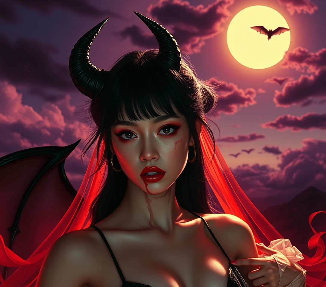 Demonic horned woman at ominous surreal twilight