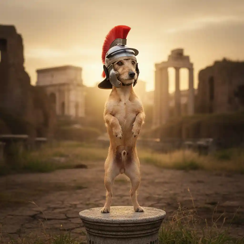 Small roman dog standing upright before distant ancient ruins