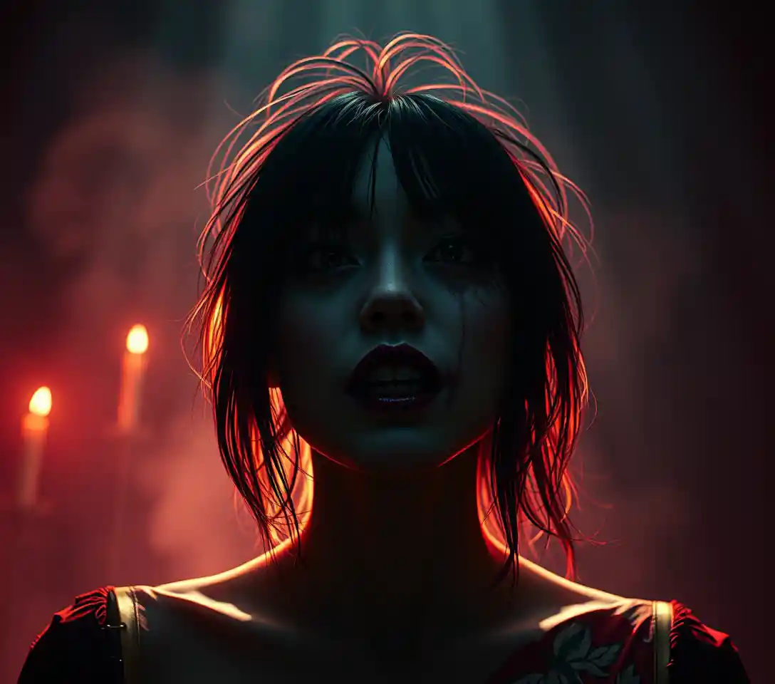 Surreal woman facing her shadow in a mysterious scene