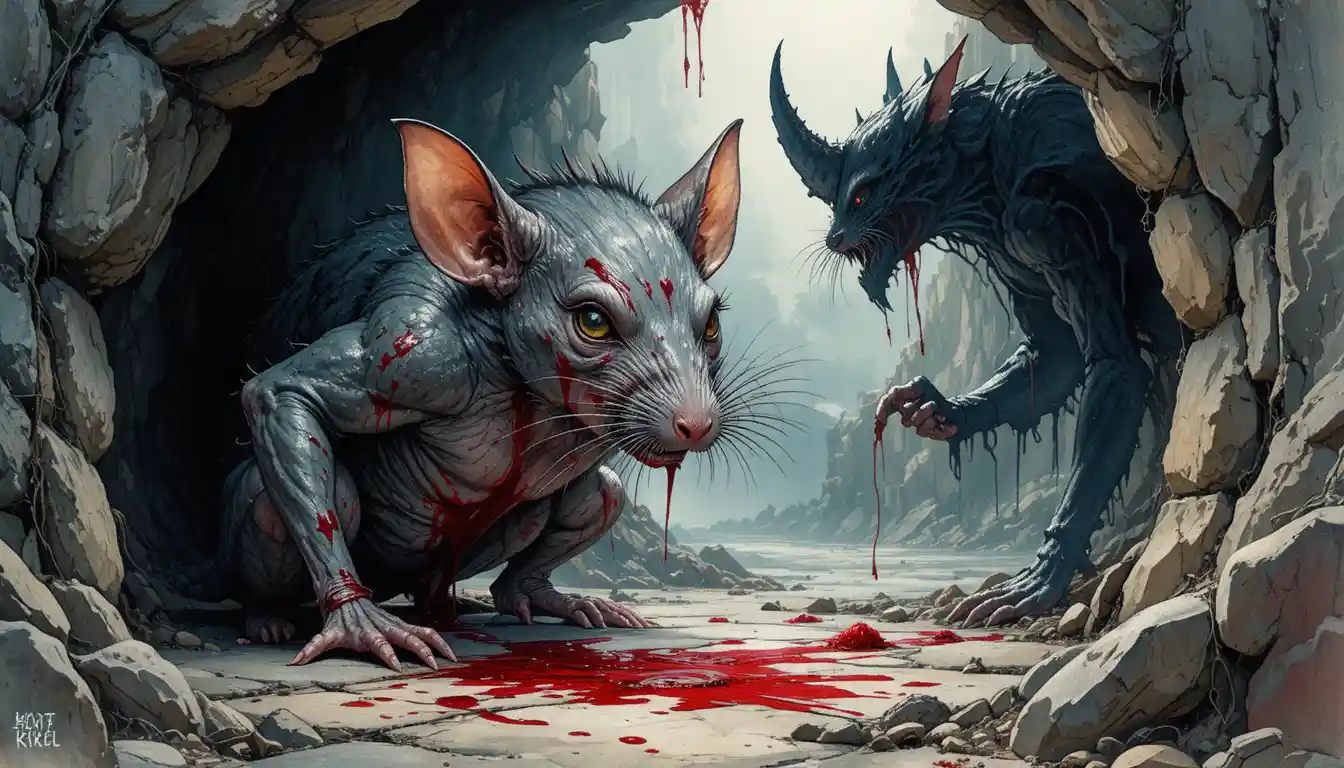 Bloody vampire bat hanging to rest inside a dark cave