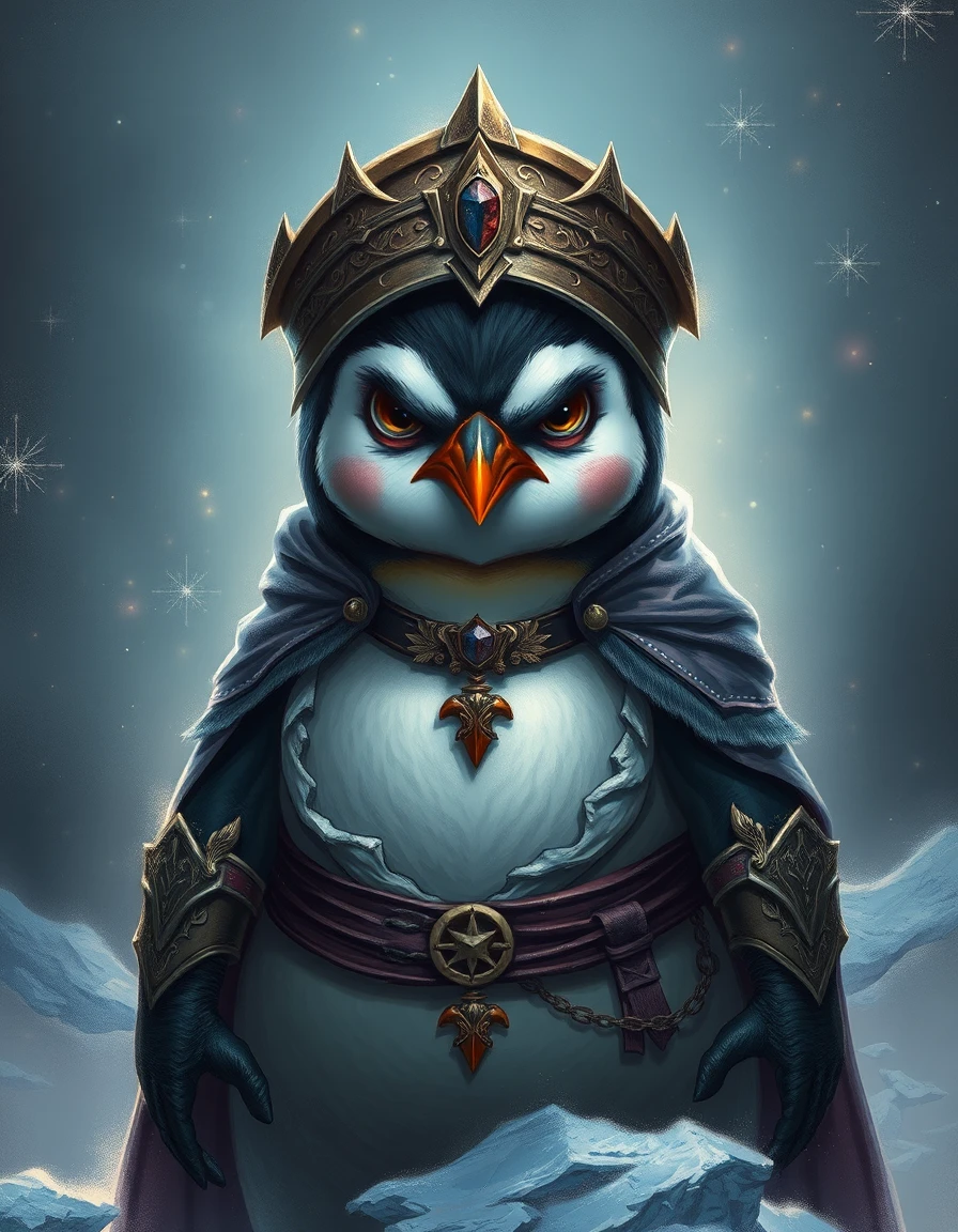 Angry penguin dressed as a medieval warrior maiden
