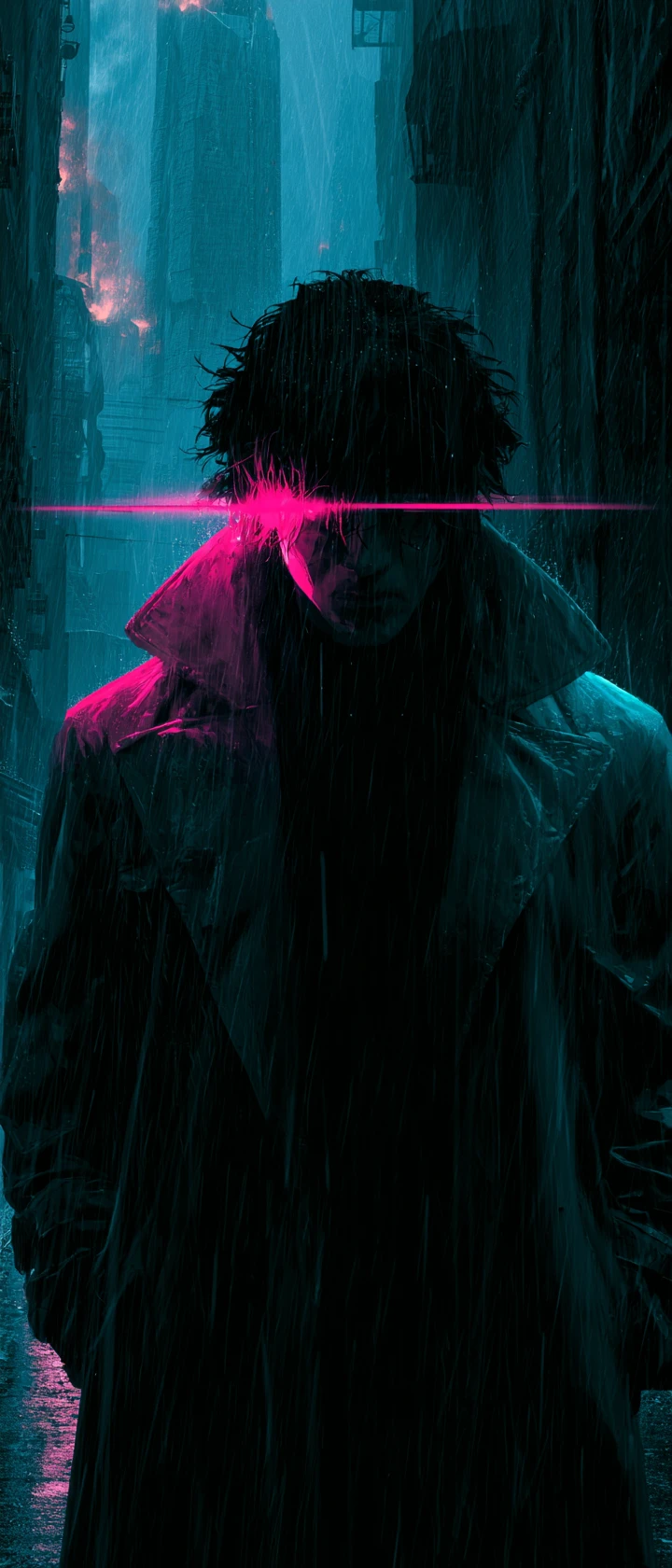 Woman in neon drenched alleyway under torrential cyberpunk rain