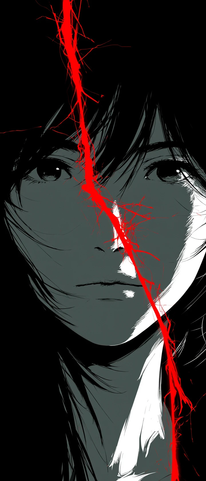 Monochrome Anime Face With Glowing Broken Red Thread