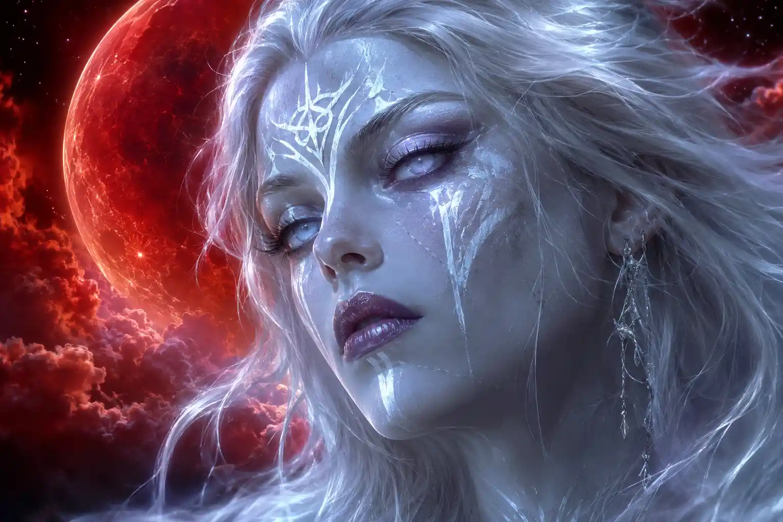 Ghostly woman before a luminous blood moon sky