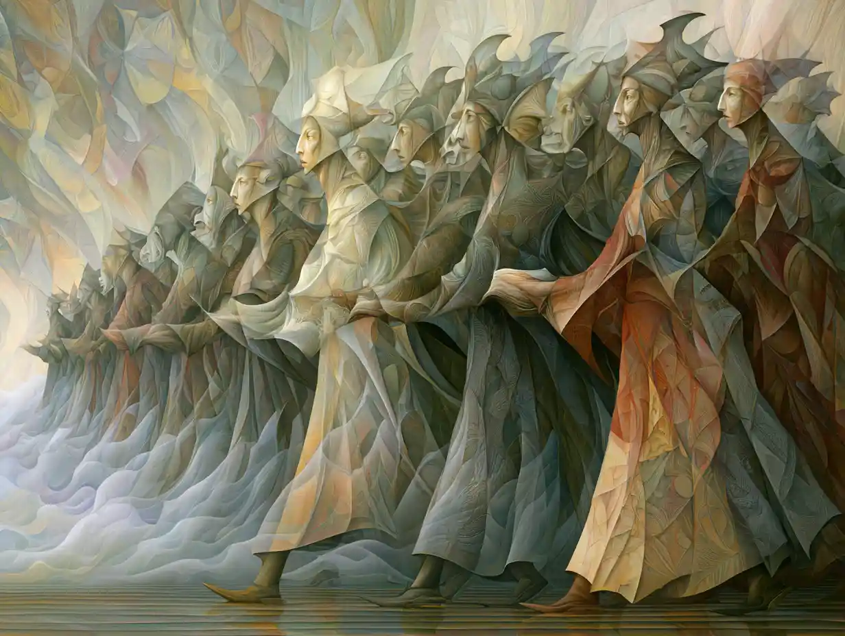 Dreamlike human procession emerging from iridescent swirling mist