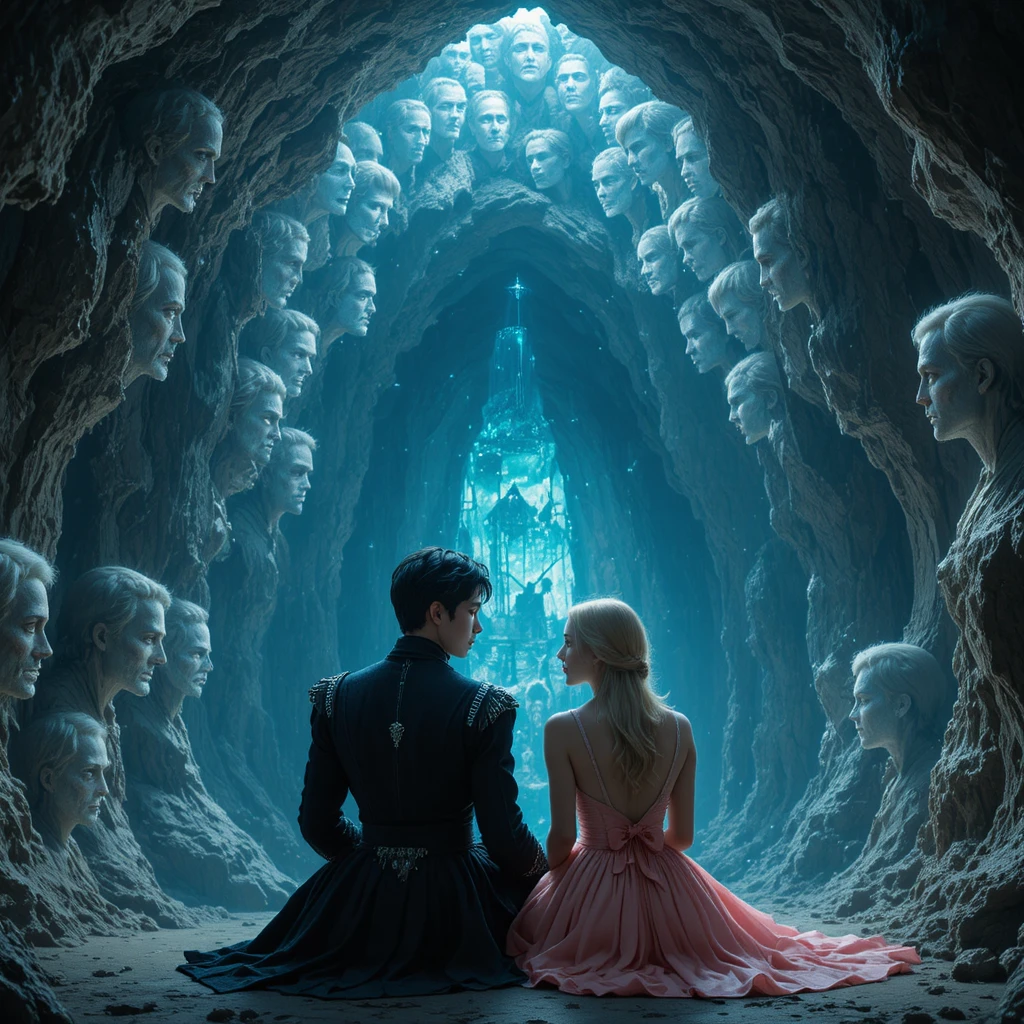 Young boy and girl in a vast icy cave