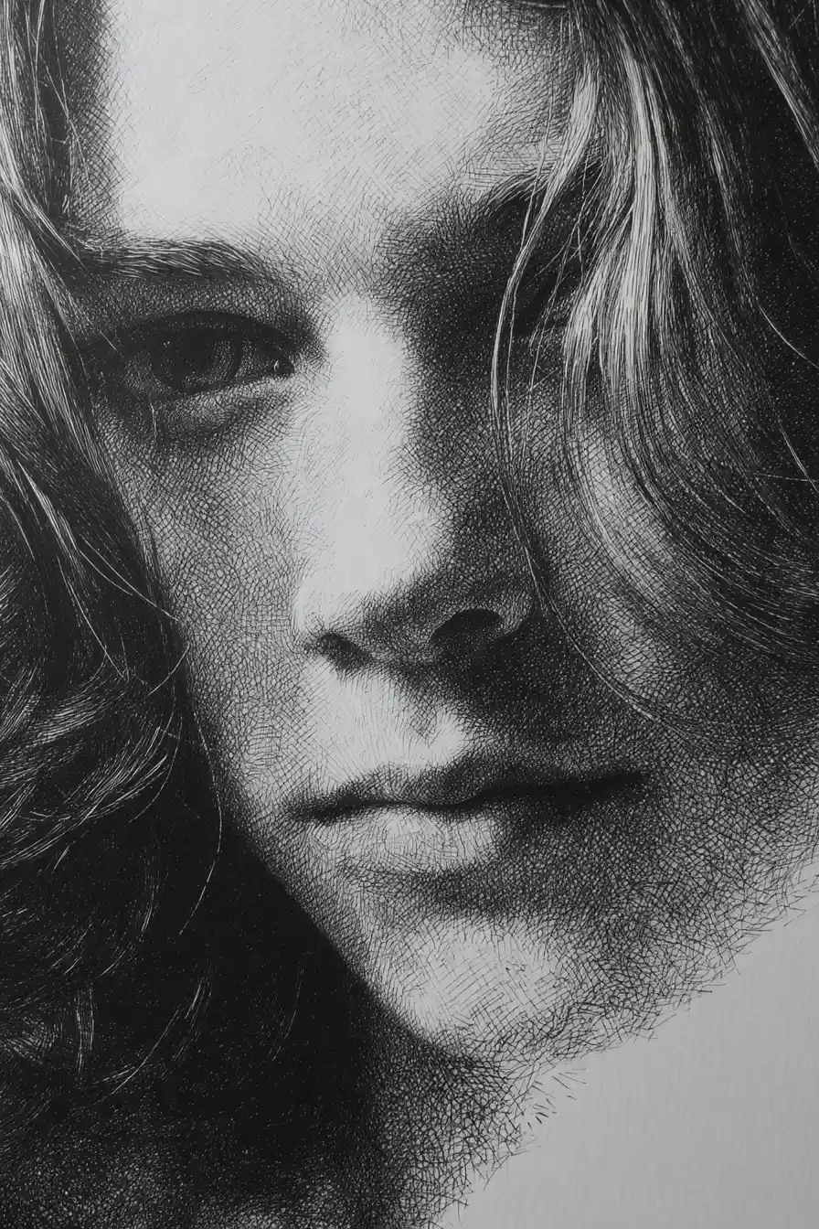 Melancholic pencil portrait with dramatic chiaroscuro shadows