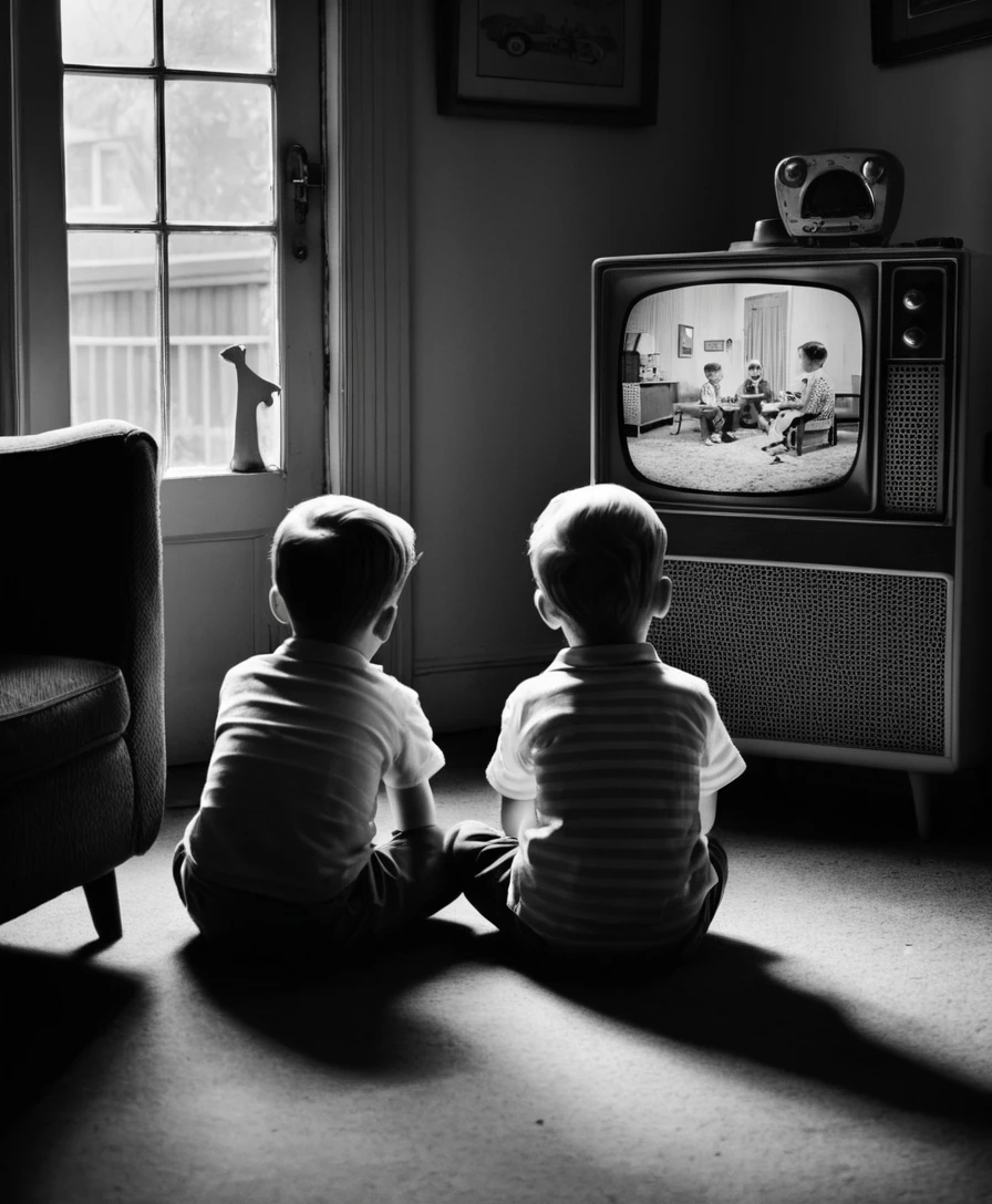 Children Watching Cartoons On A Vintage Living Room TV