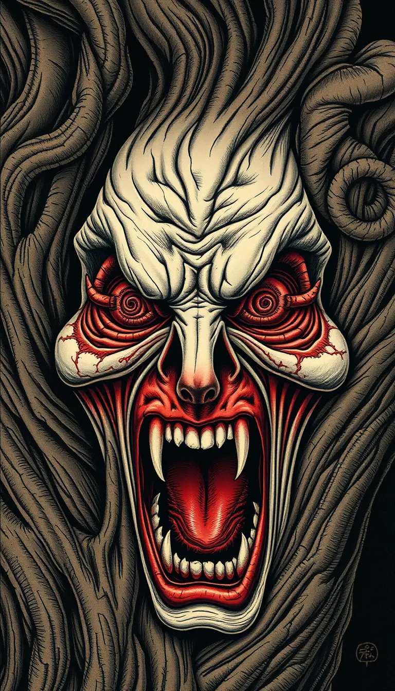 Grotesque screaming face fused with twisted spiral tree bark