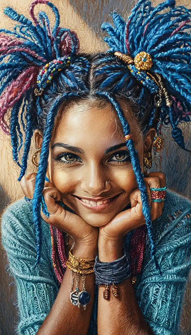 Playful girl with blue dreadlocks in colorful urban illustration