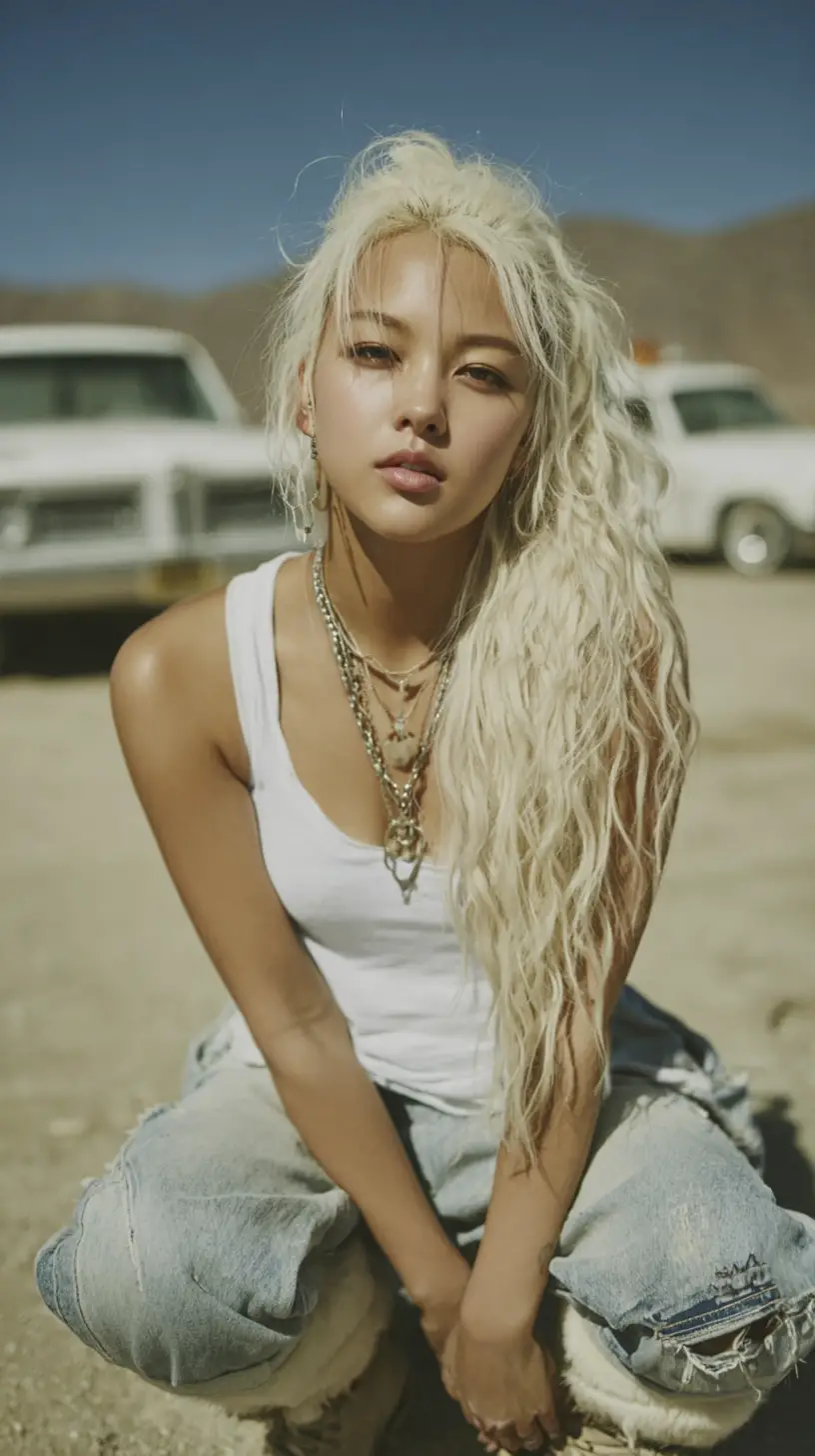 Ícone de moda coreana loira ao lado de carro vintage no deserto