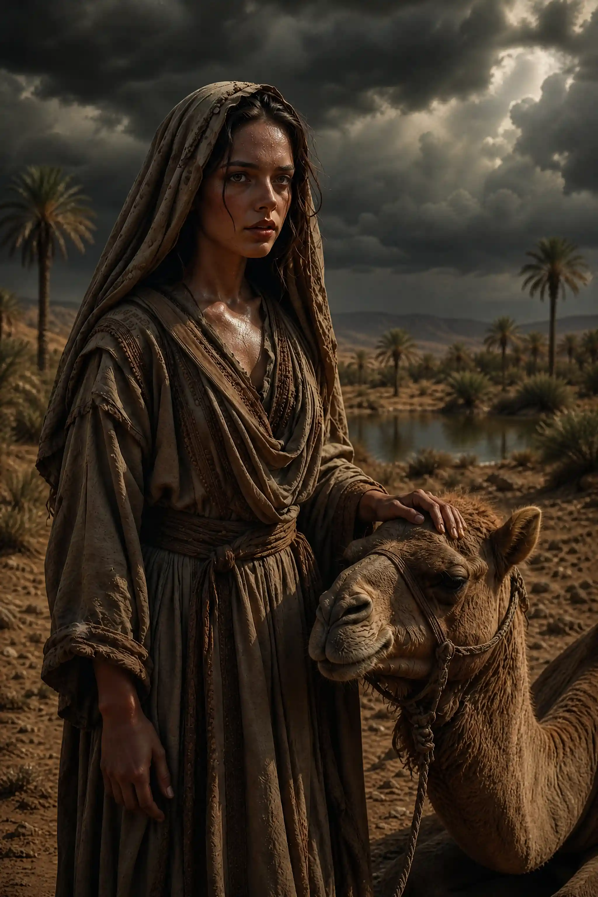 Woman in hooded desert robe beside camel before storm