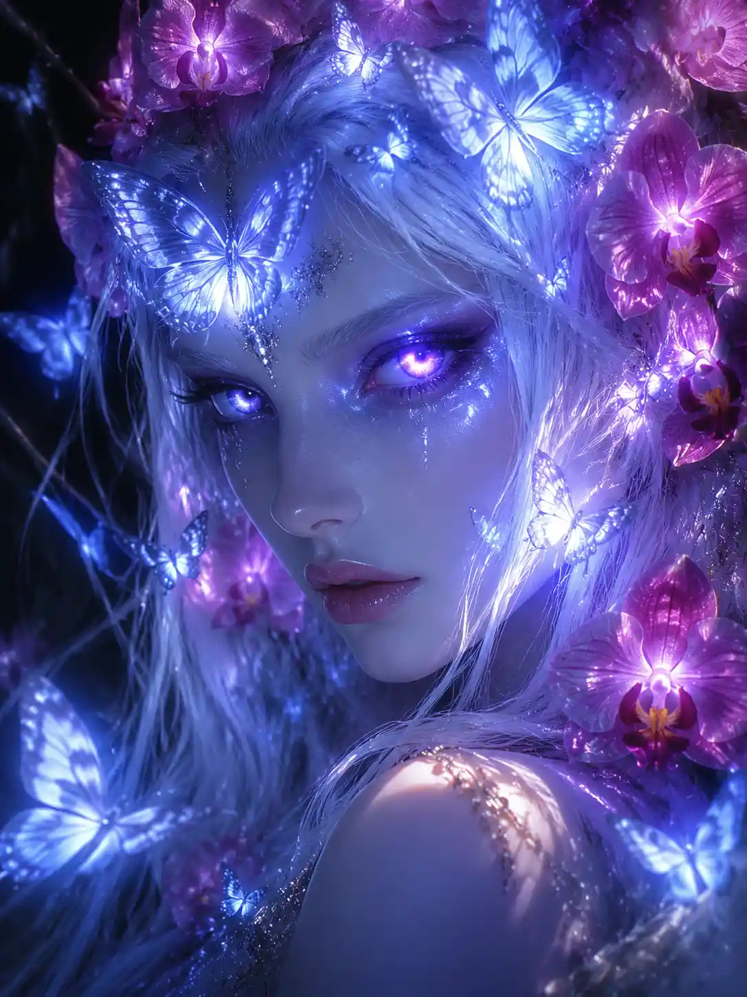 Mujer mística de piel plateada con ojos violeta brillantes