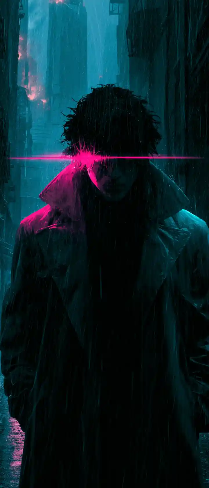 Woman in neon drenched alleyway under torrential cyberpunk rain