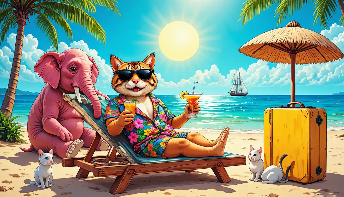 Orange tabby cat relaxing on tropical beach lounger