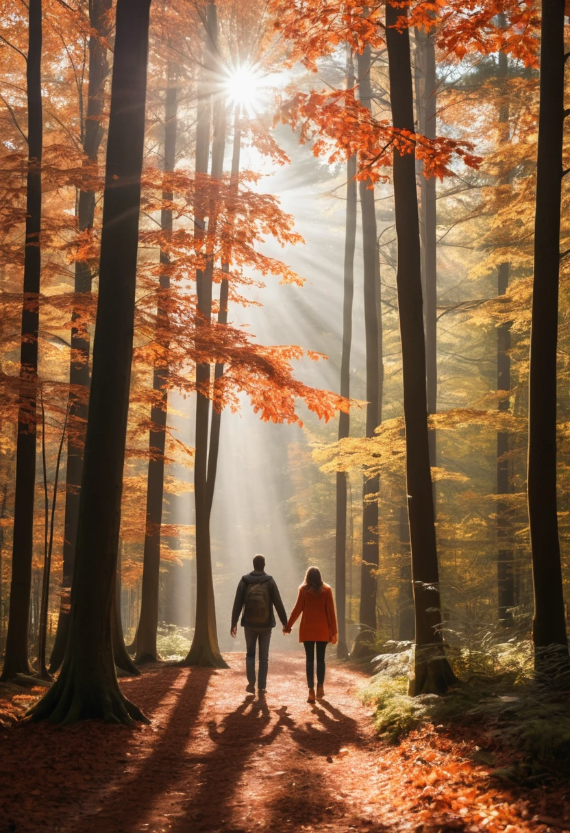 Couple Walking Hand In Hand Through A Sunlit Autumn Forest