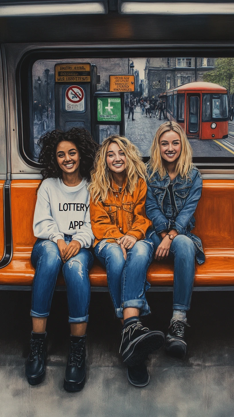 Three smiling young women on an orange subway bench