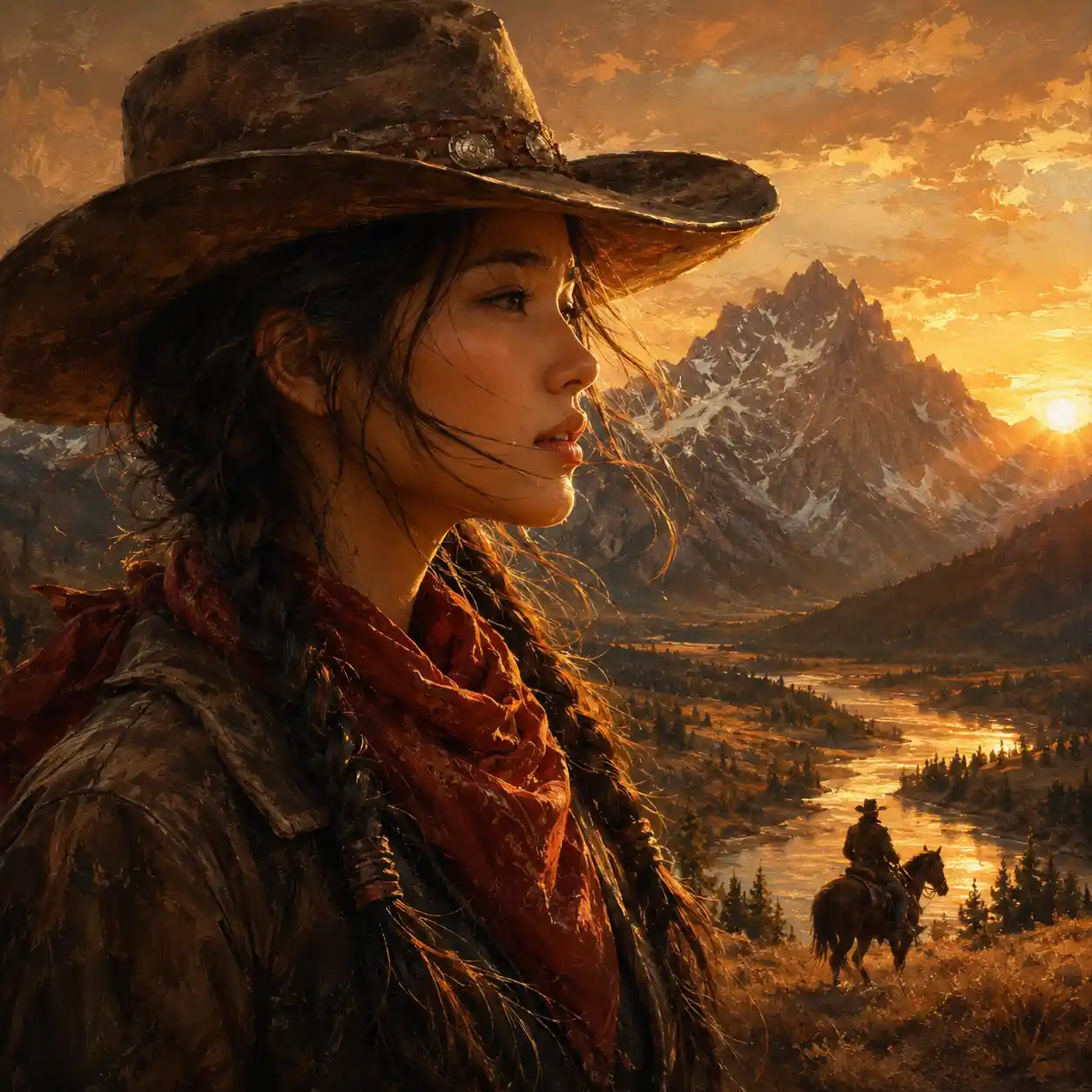 Side profile of a young cowgirl at sunset mountains