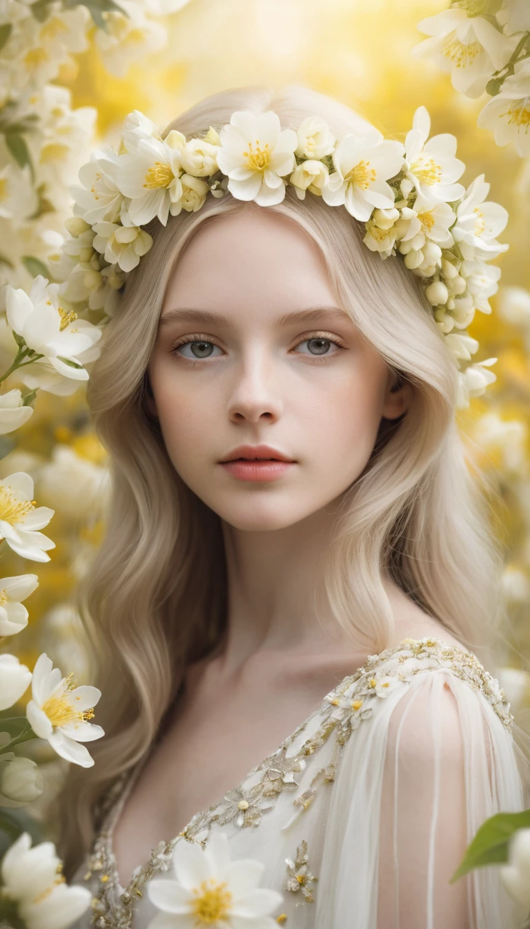 Dreamy fantasy portrait of a pale girl with floral crown