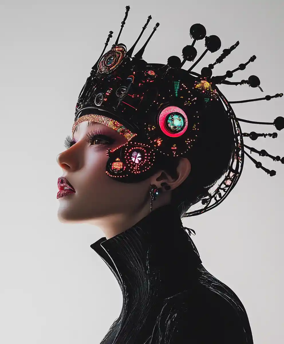 Glamorous surreal cyberpunk fantasy with pristine luxury details