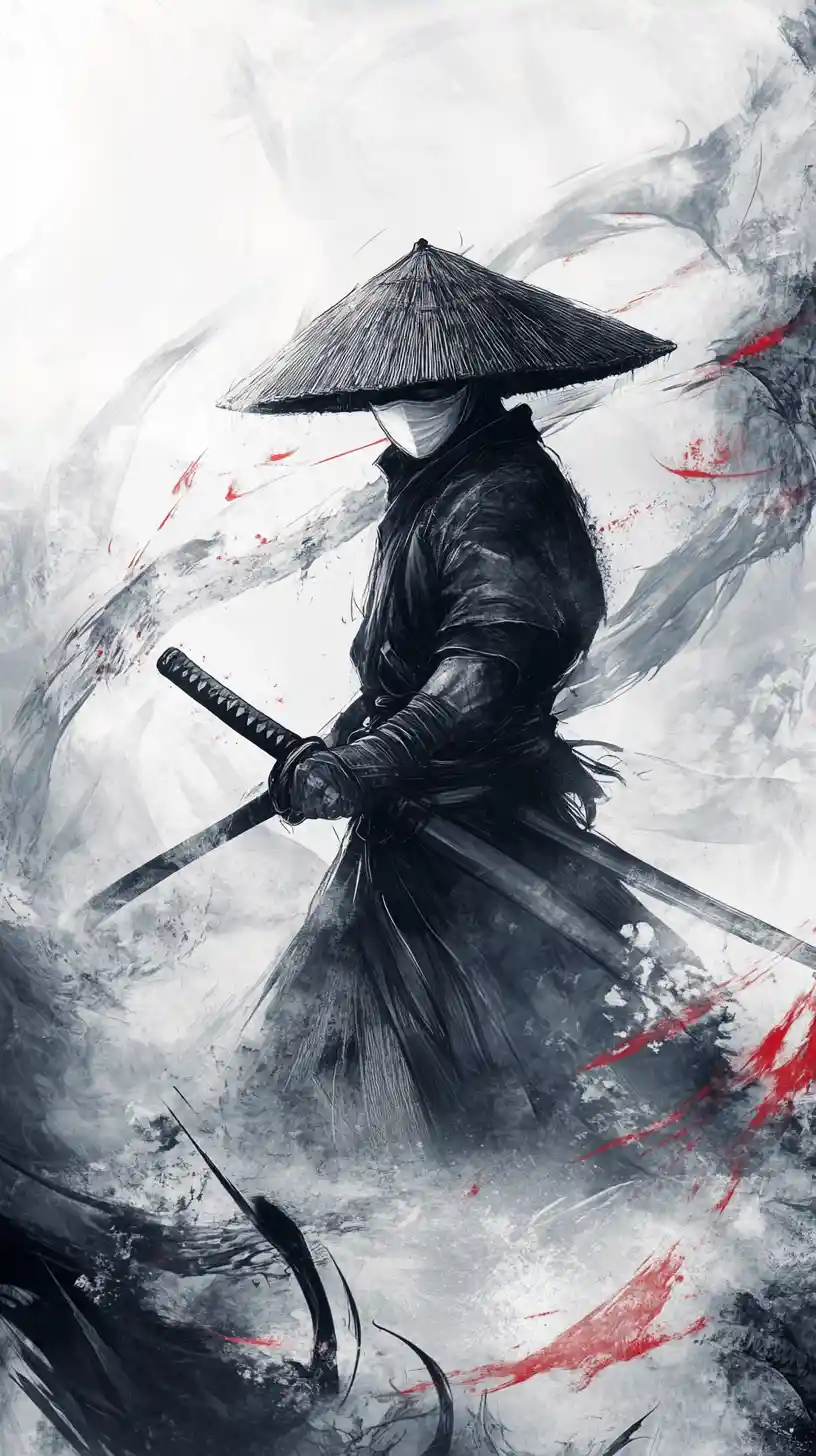 Masked samurai warrior poised to strike in swirling smoke