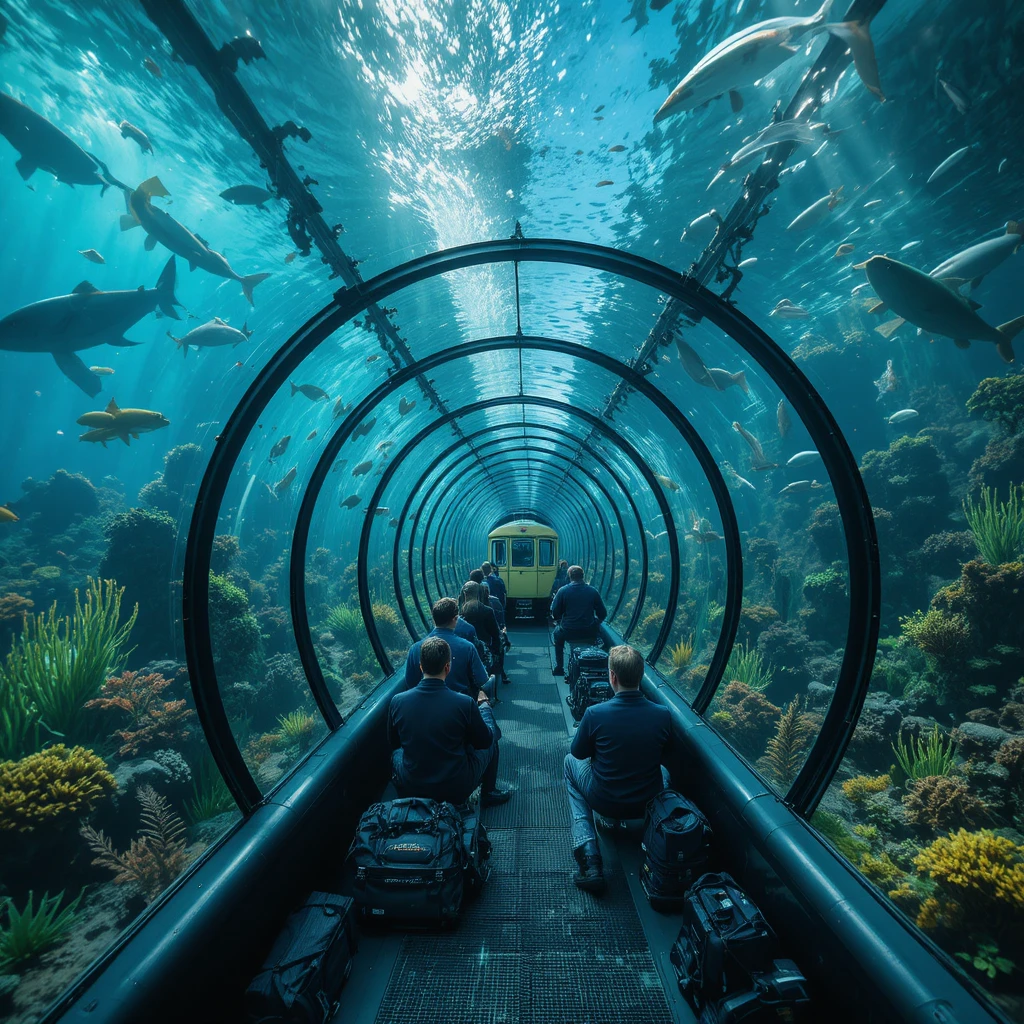 Train in a glass tunnel beneath the sea with marine life