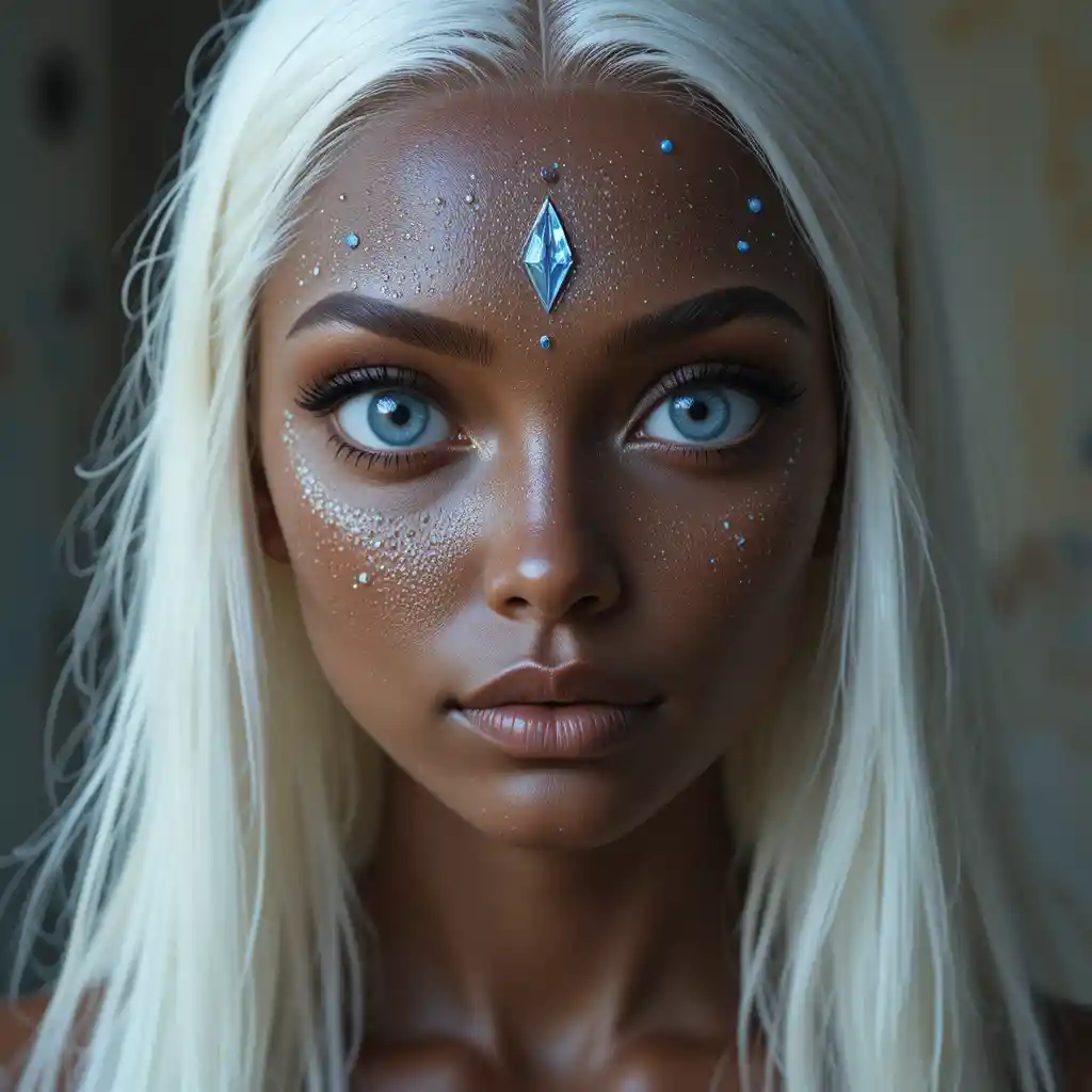 Alien human hybrid woman with blue crystal marked eyes