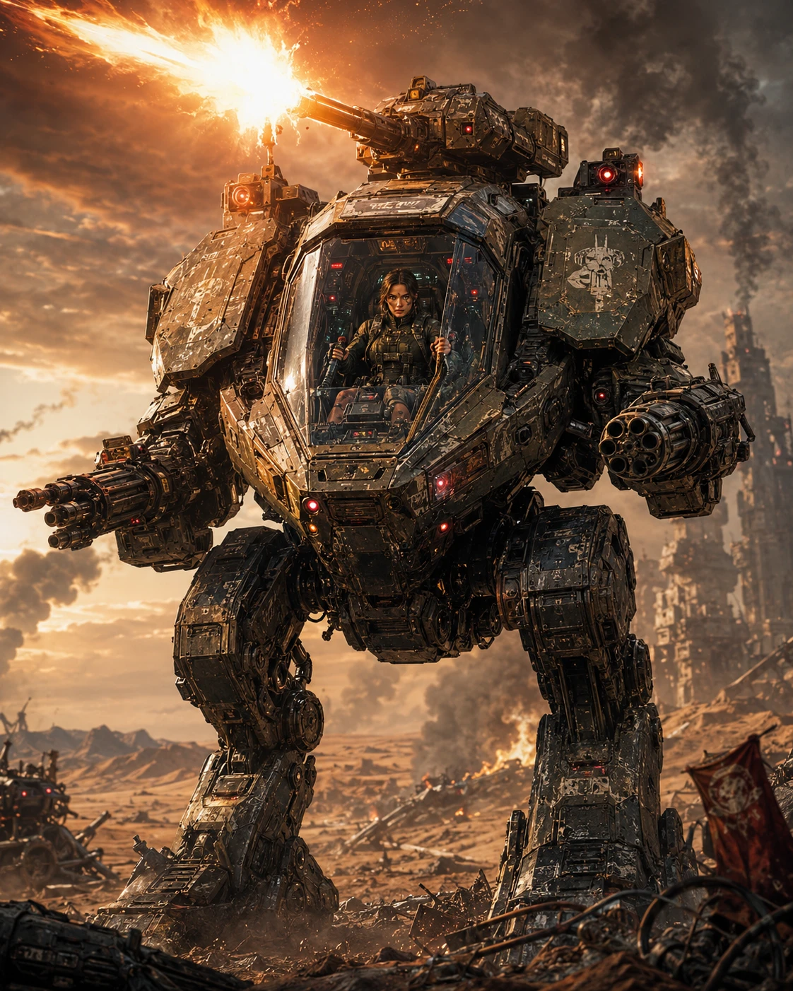 Woman piloting a mech in a shattered desert battlefield