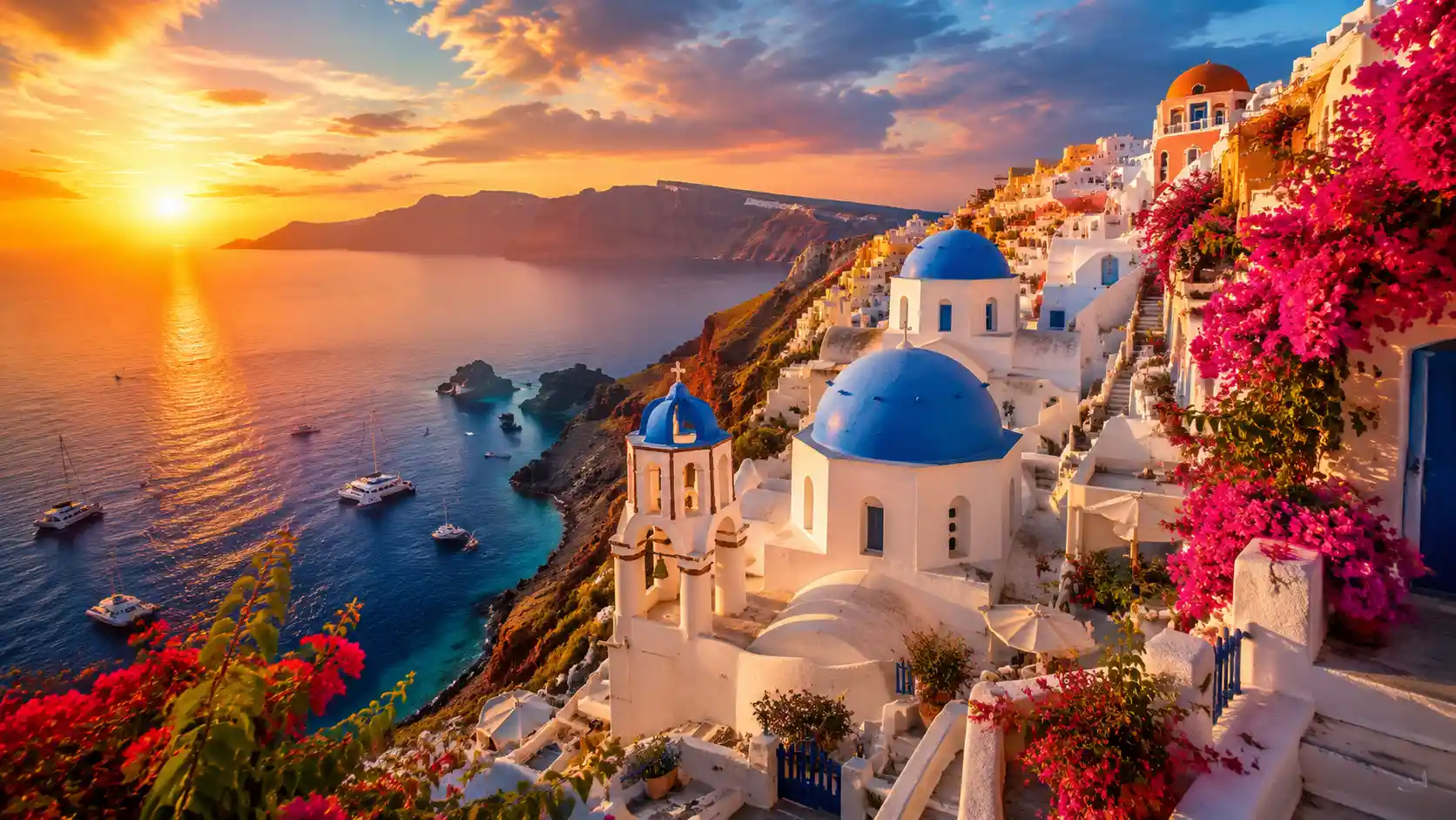 Sunrise over whitewashed Mediterranean cliffside city