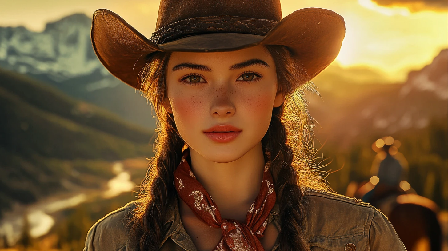 Asian cowgirl portrait in a dramatic sunset mountain valley