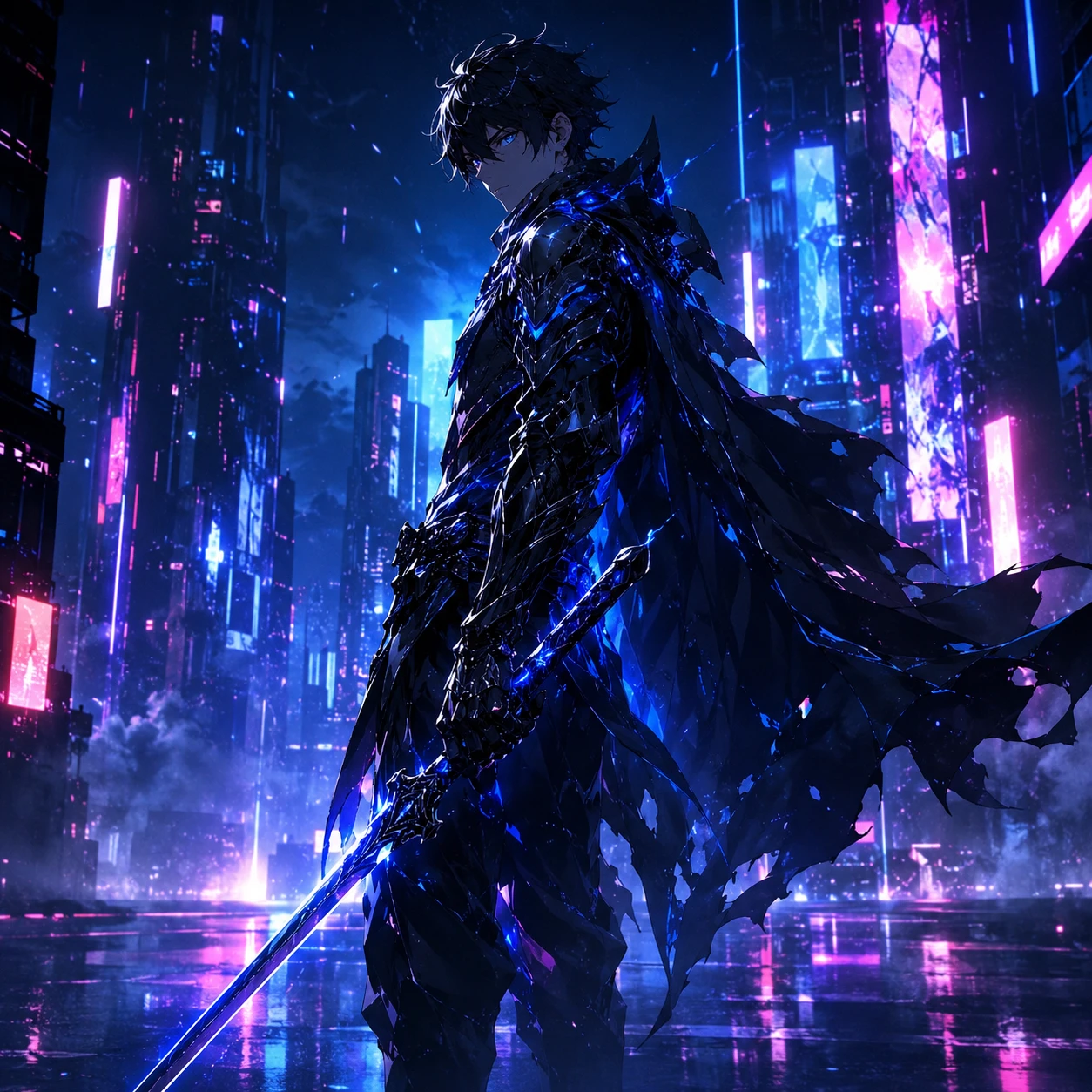 Anime warrior in neon cyberpunk city at night