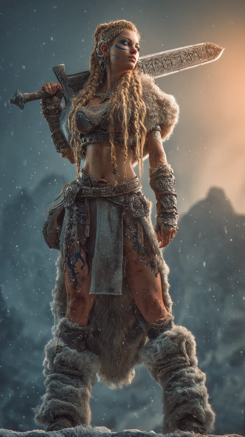 Viking warrior woman with runed sword above nordic fjord