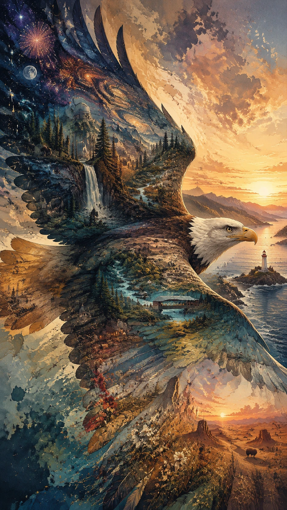 Bald Eagle Soaring Across A Vast Surreal Sunrise Sky
