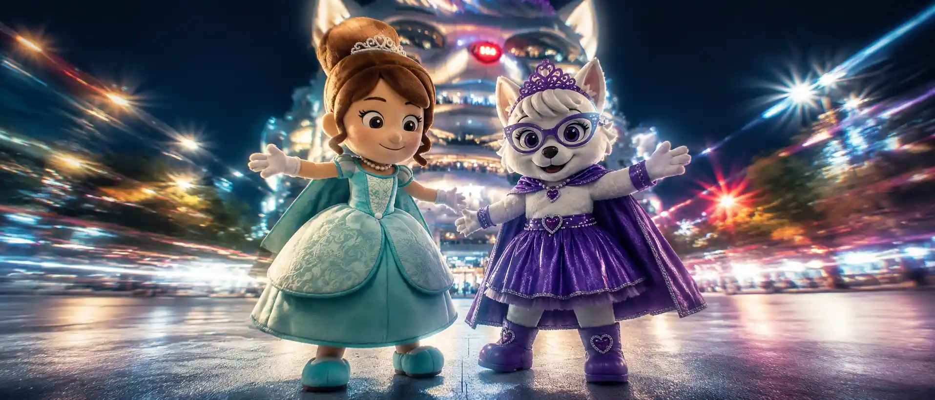 Two princess mascots standing together in widescreen frame