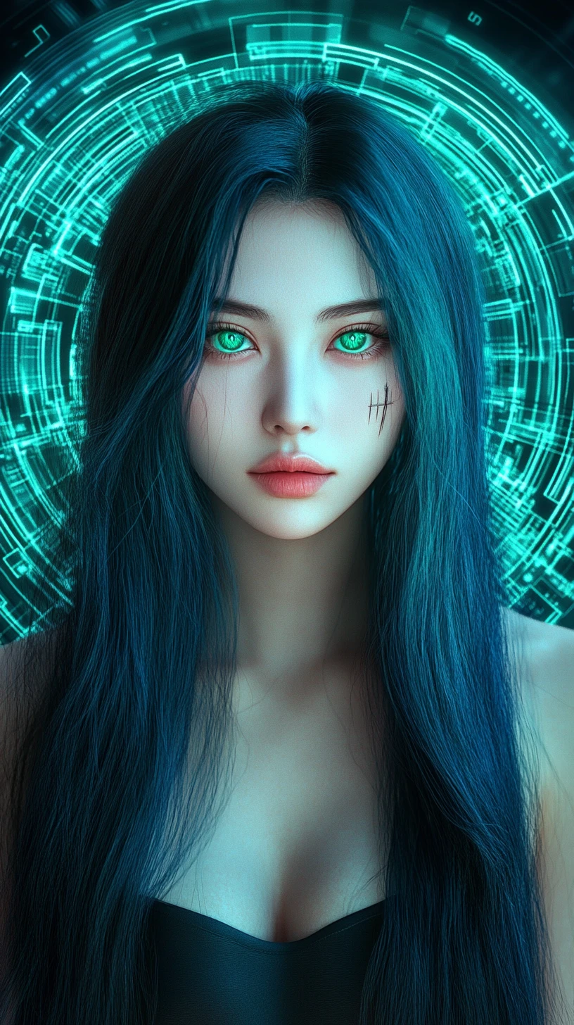 Ethereal woman with cyberpunk halo and black angel wings