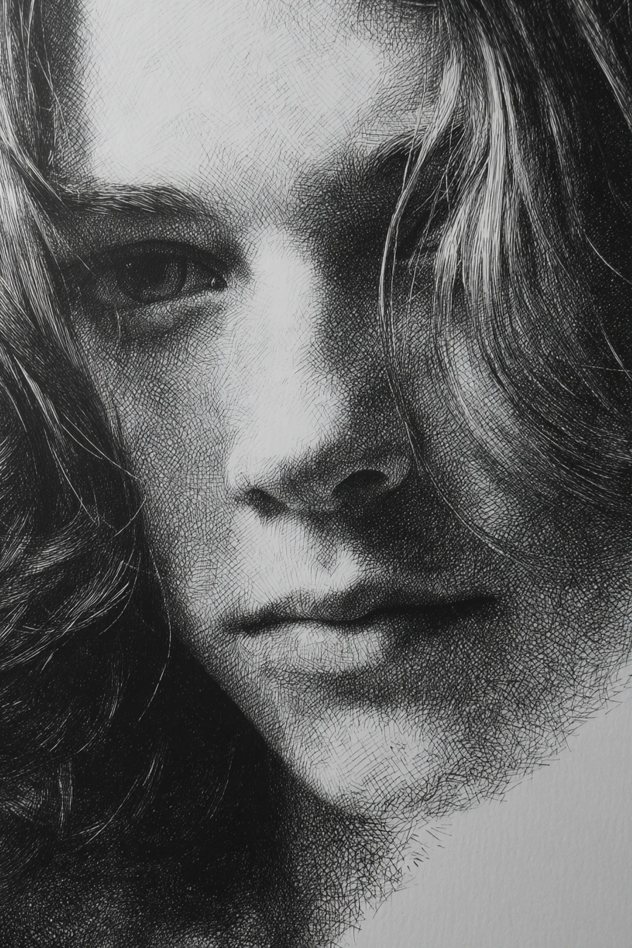 Melancholic pencil portrait with dramatic chiaroscuro shadows