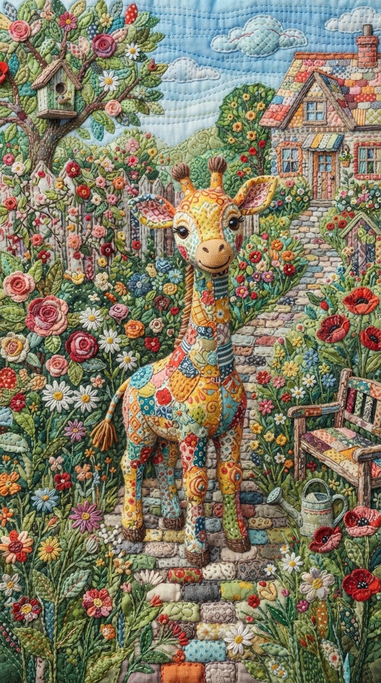 Pequeña jirafa de patchwork en un jardín colorido