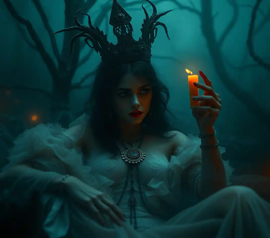 Surreal duchess figure emerging from eerie swirling mist
