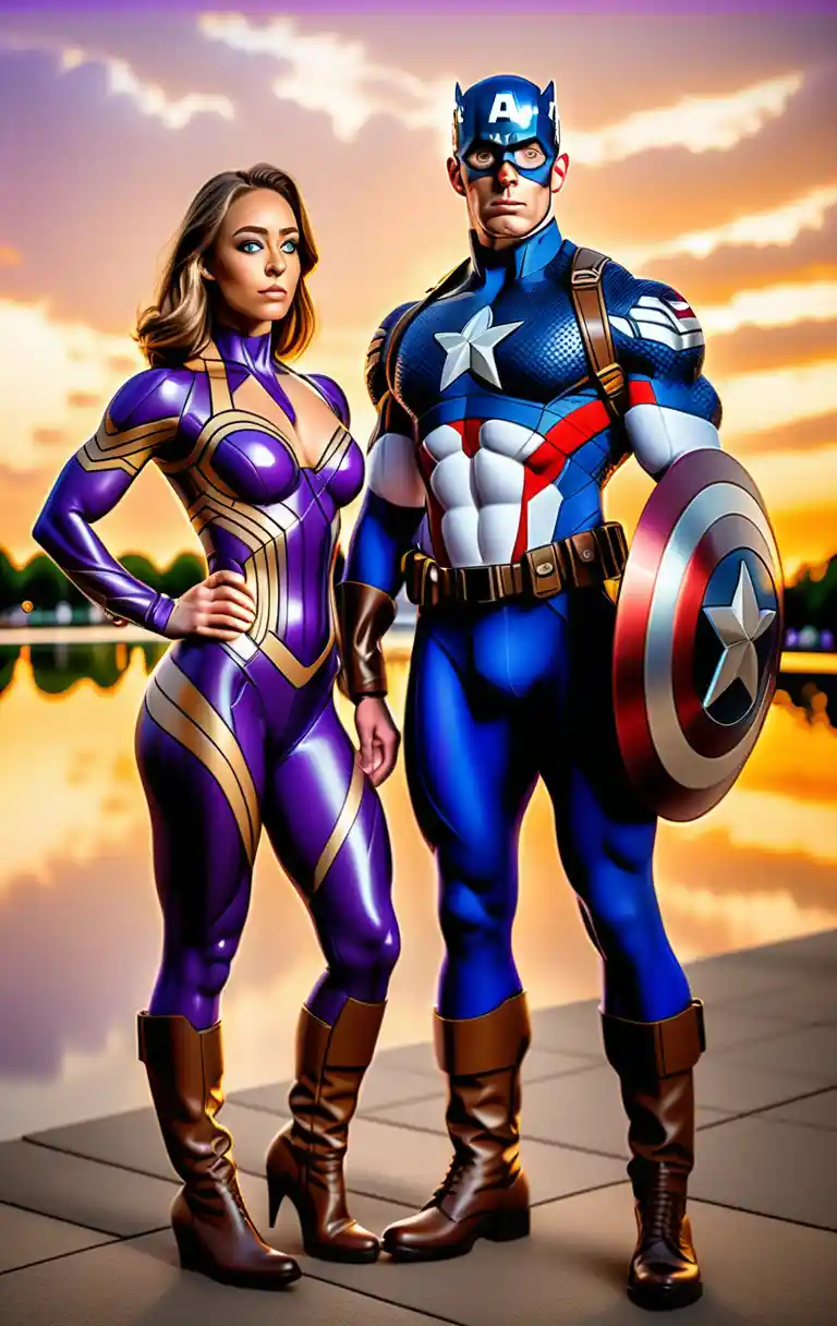 Heroic duo in patriotic suits at sunset on the mall
