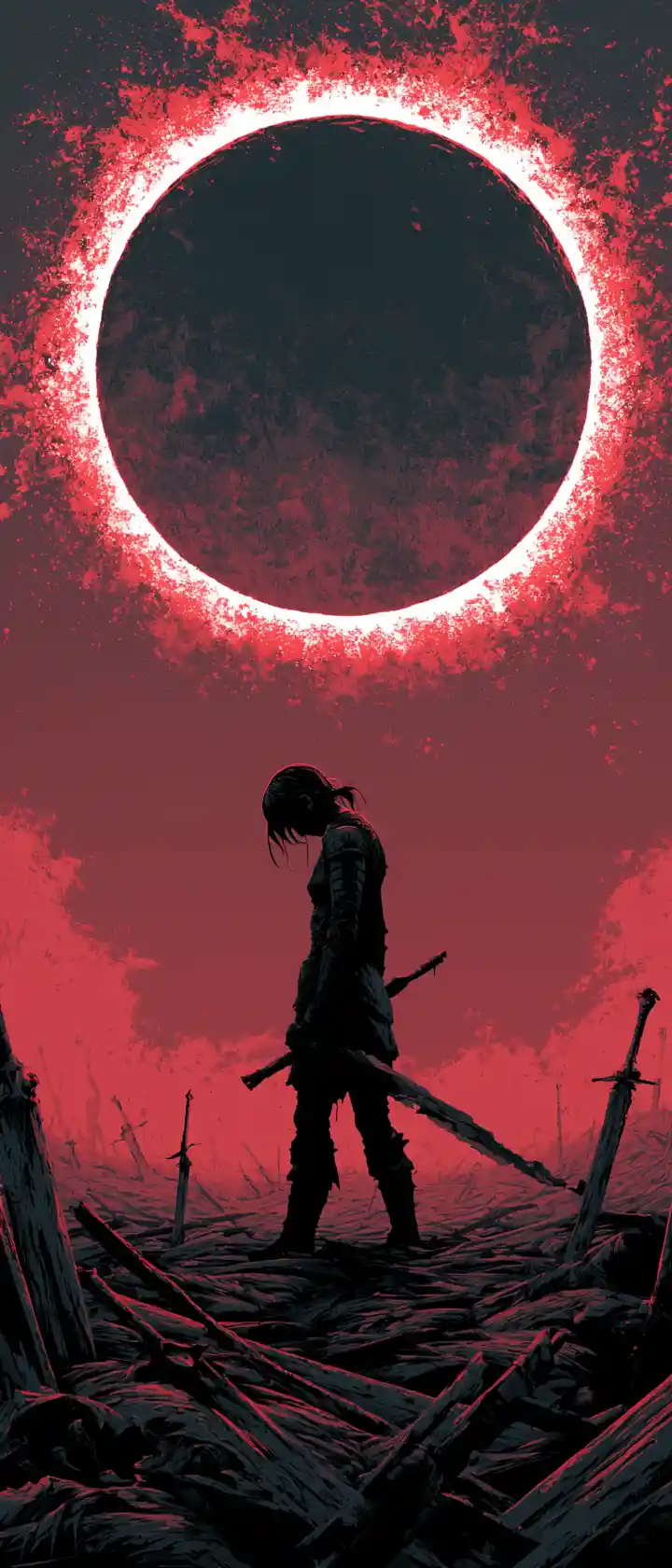 Lone warrior beneath blood moon eclipse on battlefield